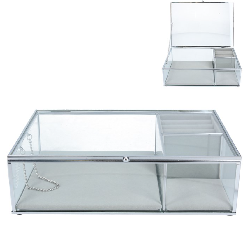 Jewellery Box 28cm - Metal/Glass with Grey Velvet