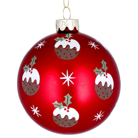 Glass Bauble 8cm - Matt Red w Christmas Puddings