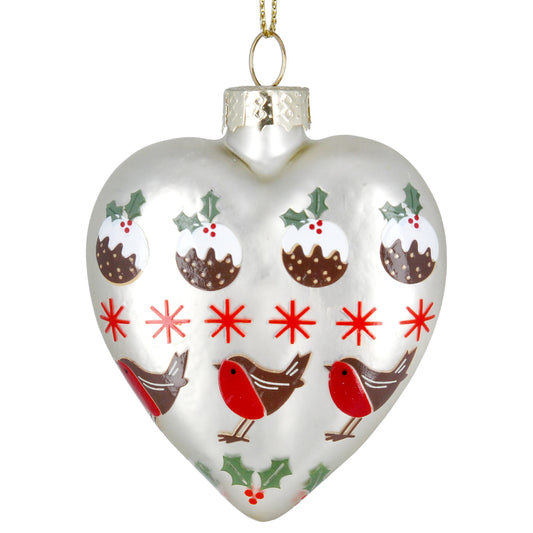 Glass Dec 7cm - Matt White Heart w Pudding/Robin/Stars