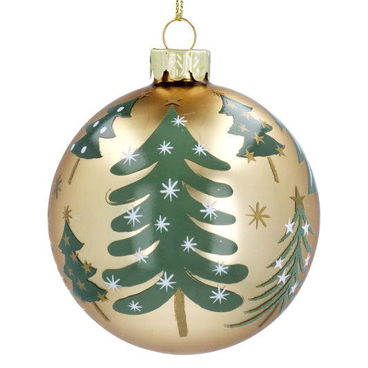 Glass Bauble 8cm - Gold w Green Trees