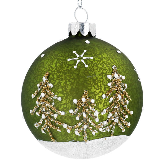 Glass Bauble 8cm - Mottled Green/White Sparkling w Tree