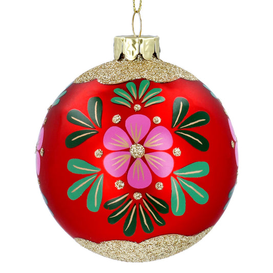 Red & Gold Floral Glass Bauble