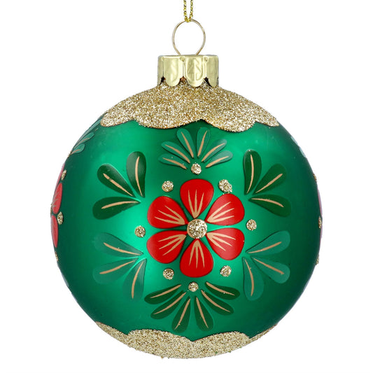 Green & Gold Floral Glass Bauble