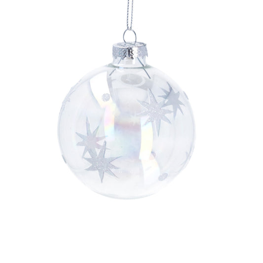 Glass Bauble 8cm - Clear Soap Bubble w Irid Stars