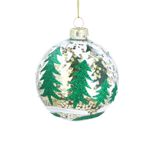 Glass Bauble 8cm - Clear w Green Trees/Gold Confetti