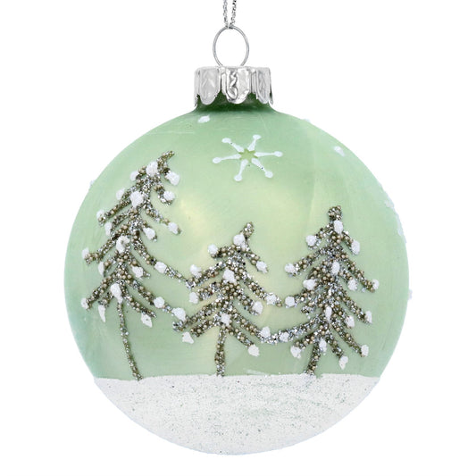 Glass Bauble 8cm - Mottled Ice Green/White w Trees