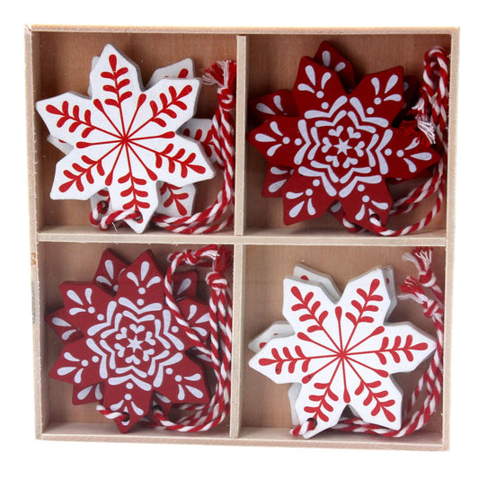 Box/8 Wood Dec 13cm - Red/White Snowflake