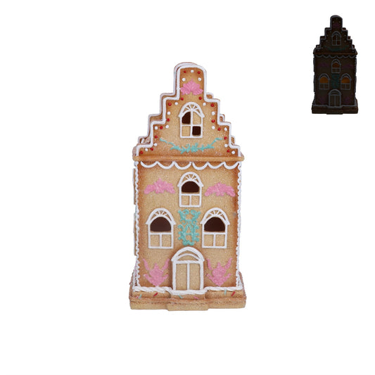 Resin Orn 23cm - Gingerbread LED Town House w Pink/Blue Trim