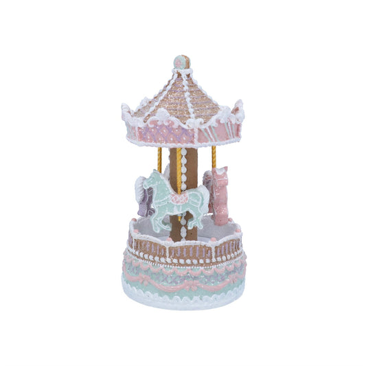 Resin Music Box 21.5cm - Pastel Iced Gingerbread Carousel, Jingle Bells