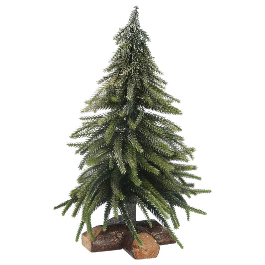 Fir Orn 33cm - Green Tree w Gold Sparkles on Log Base