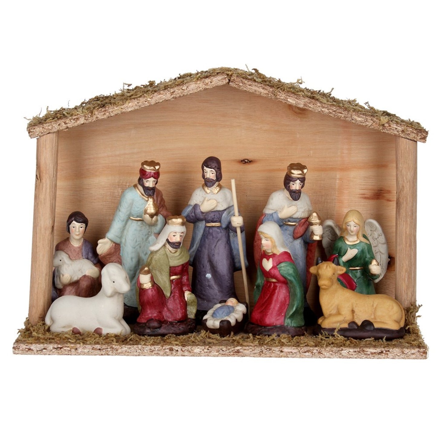 Ceramic Nativity in Wood Stable