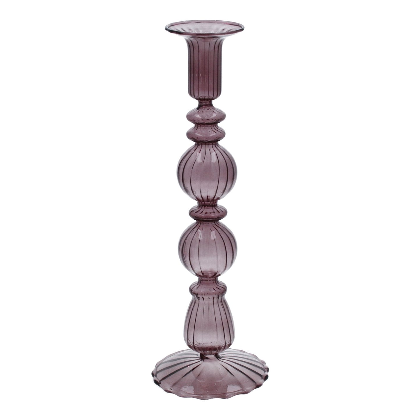 Clear Aubergine Double Ball Glass Candlestick