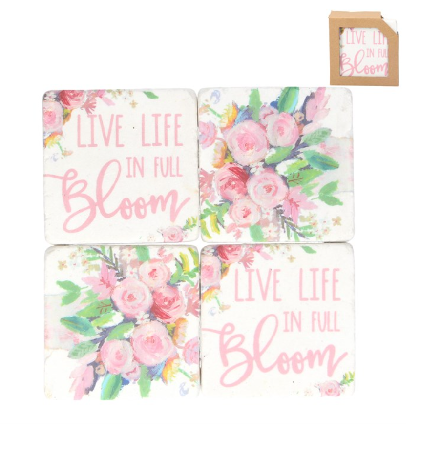 Pack/4 Resin Coaster 10cm - 'Live Life in Full Bloom'