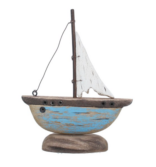 Rustic Wood Blue Sail Boat Orn, Sml