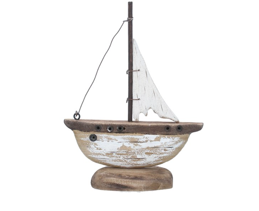 Rustic Wood White Sail Boat Orn, Sml